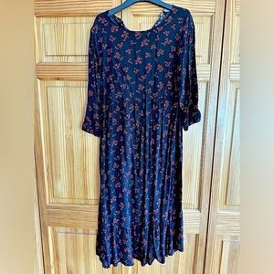 LOFT black and red floral dress size Large- Garden Split Neck Swing Floral Dress